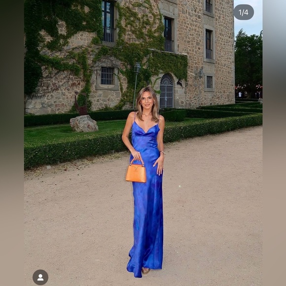 Zara dress maxi long open back satin effect blue bodycon wedding party cocktail - Picture 2 of 16